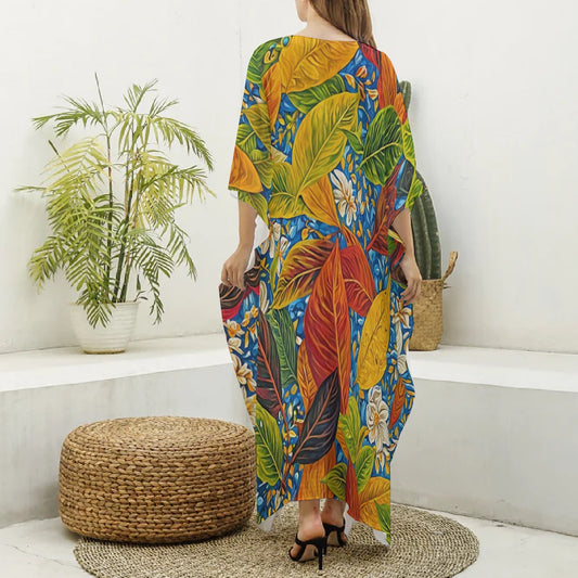 “Botanical Rhapsody” Women's Imitation Silk V-neck Kaftan Robe