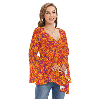 Women's V-neck Blouse With Flared Sleeves