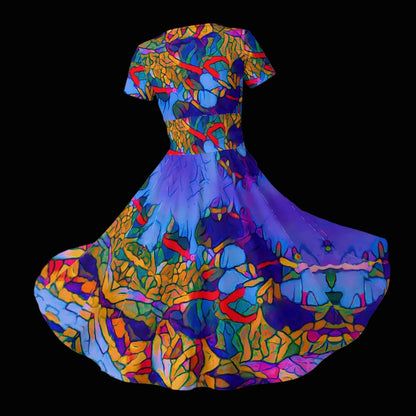 “Cerulean Spectrum” Women's Short Sleeve V Neck Midi Dress