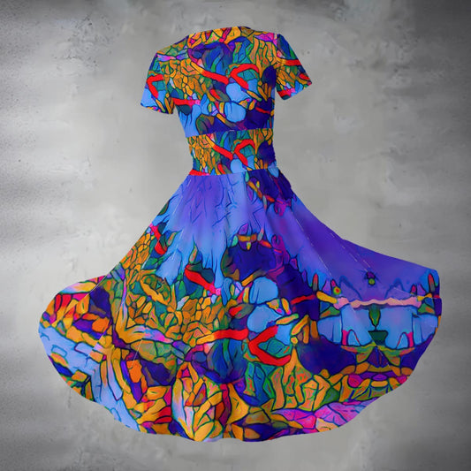 “Cerulean Spectrum” Women's Short Sleeve V Neck Midi Dress