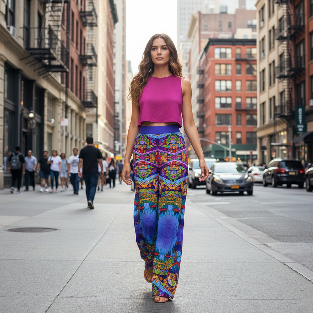 “Cerulean Spectrum” Women's High Waist Wide Leg Trousers