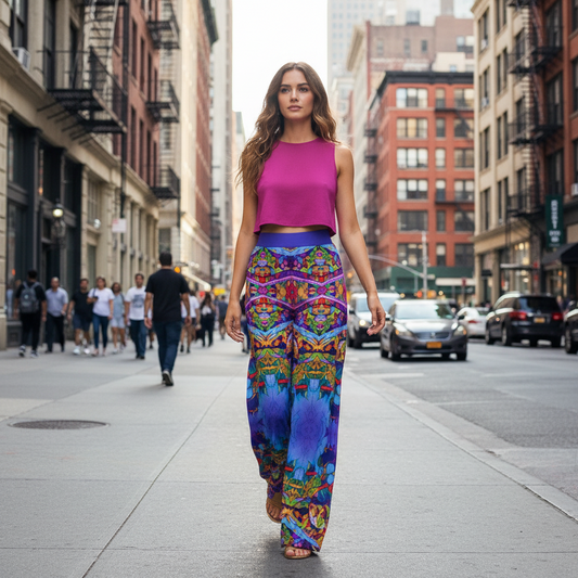 “Cerulean Spectrum” Women's High Waist Wide Leg Trousers