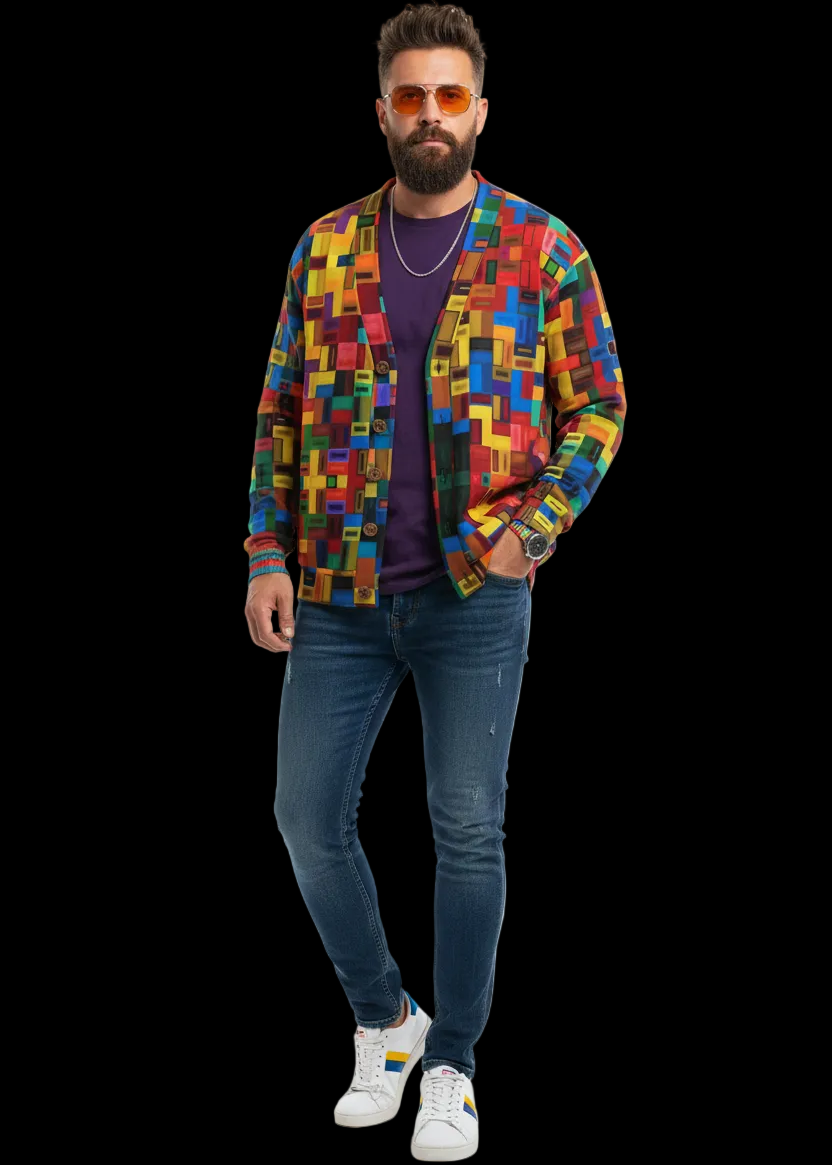 “Blocked” Unisex V-neck Knitted Fleece Cardigan With Button Closure