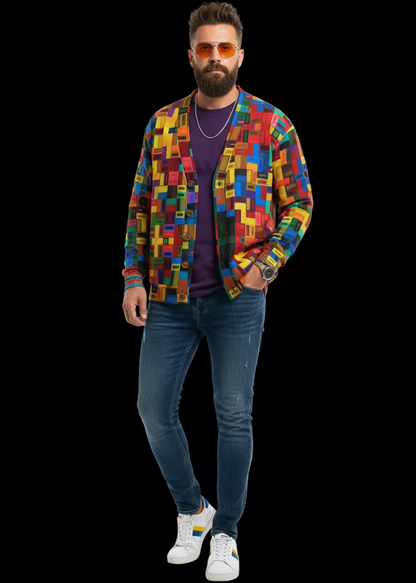 “Blocked” Unisex V-neck Knitted Fleece Cardigan With Button Closure