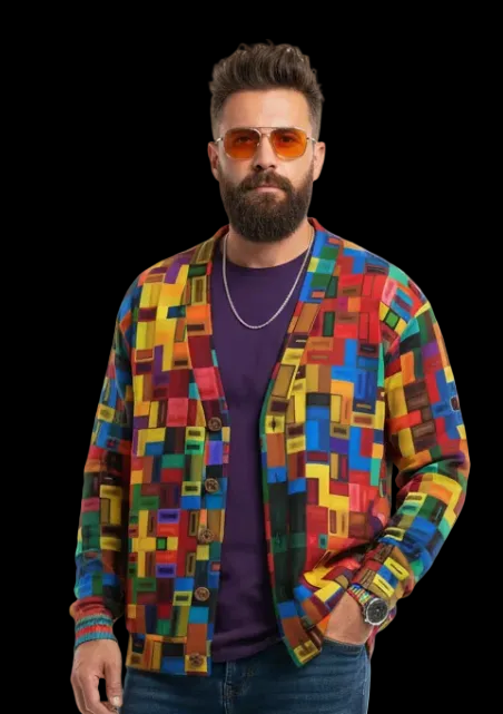 “Blocked” Unisex V-neck Knitted Fleece Cardigan With Button Closure