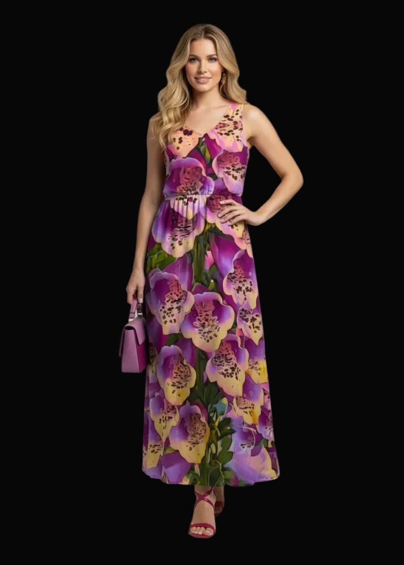 “Foxglove Cascade” Women’s Sleeveless Maxi Dress
