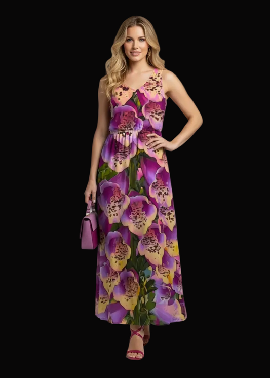“Foxglove Cascade” Women’s Sleeveless Maxi Dress