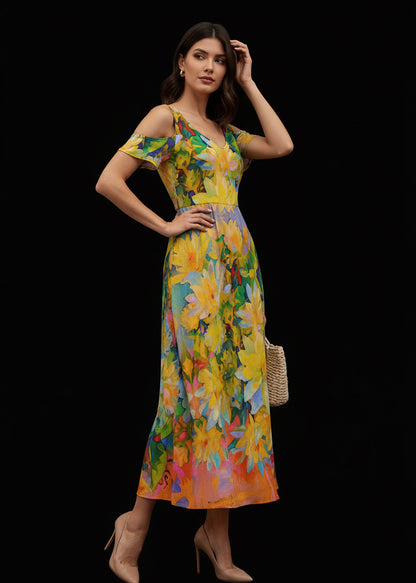 “Summer Daze” Women's V-neck Off-shoulder Dress