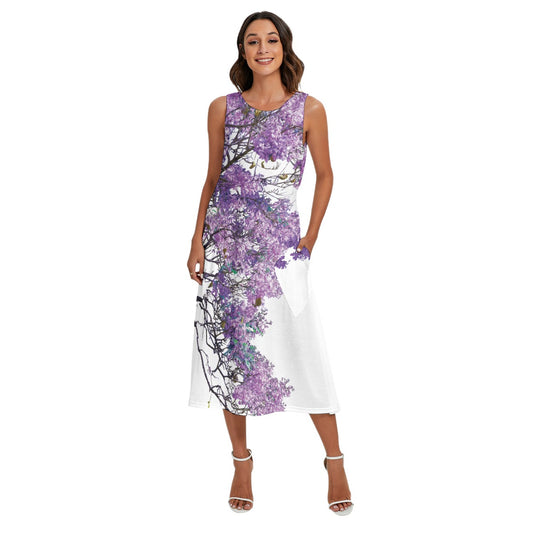 “Jacaranda Season” (White) Women's Sleeveless Dress With Diagonal Pocket