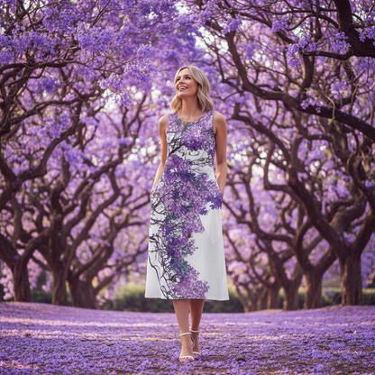 “Jacaranda Season” (White) Women's Sleeveless Dress With Diagonal Pocket