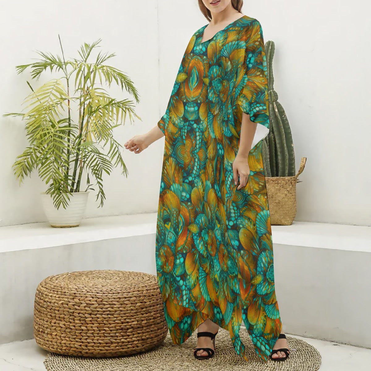 “Jewel Cascade” Women's Imitation Silk V-neck Kaftan Robe