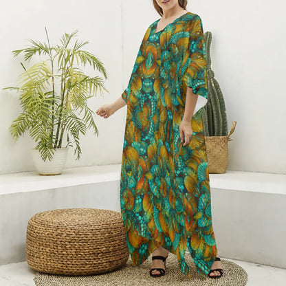 “Jewel Cascade” Women's Imitation Silk V-neck Kaftan Robe