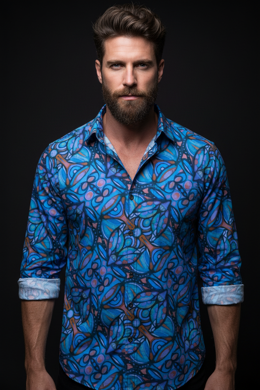 “Bloomfield Cobalt” Men's Casual Lapel Long Sleeve Shirt|125GSM Cotton