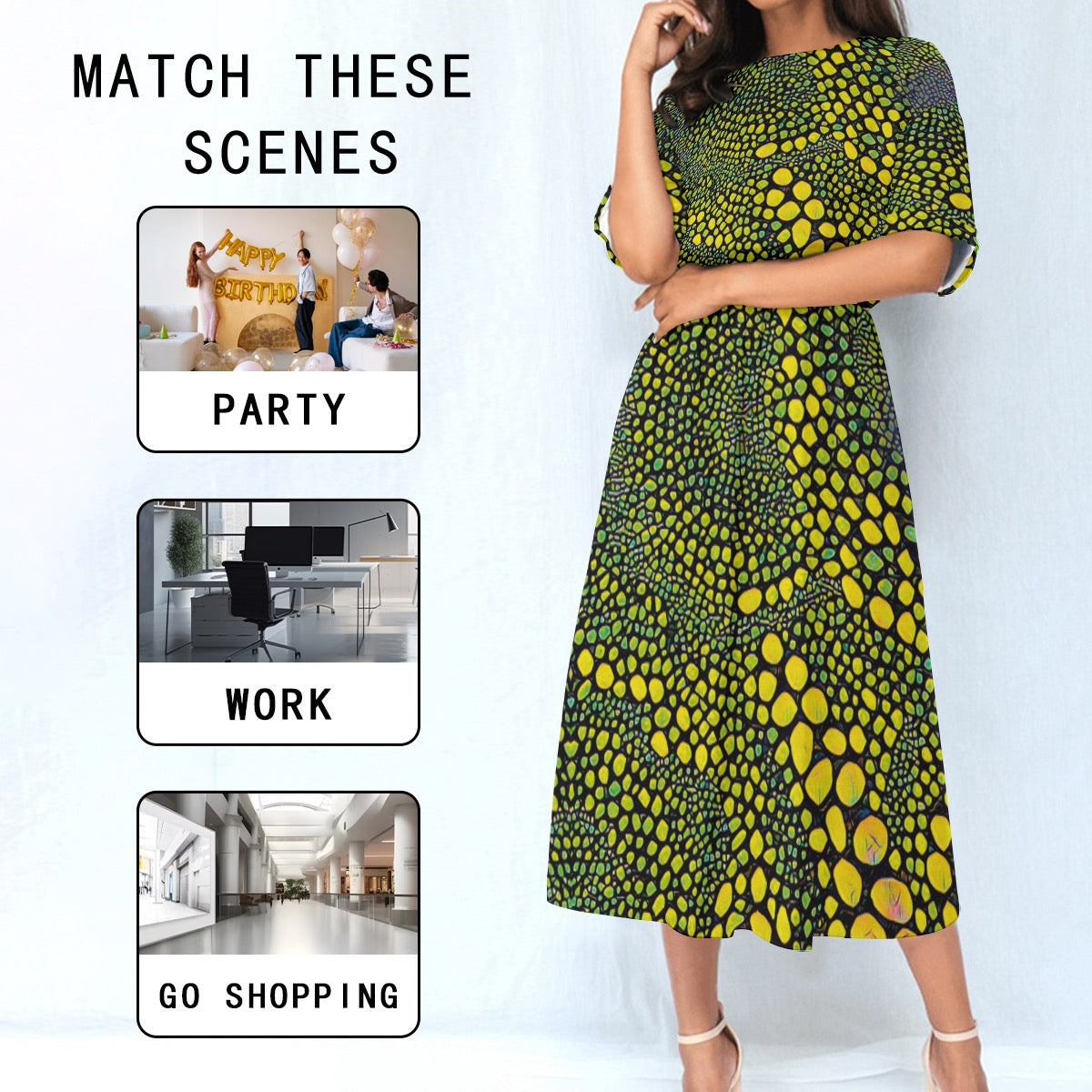 “Spot Me” Yellow/Black  Print Women's Knee-Length Dress