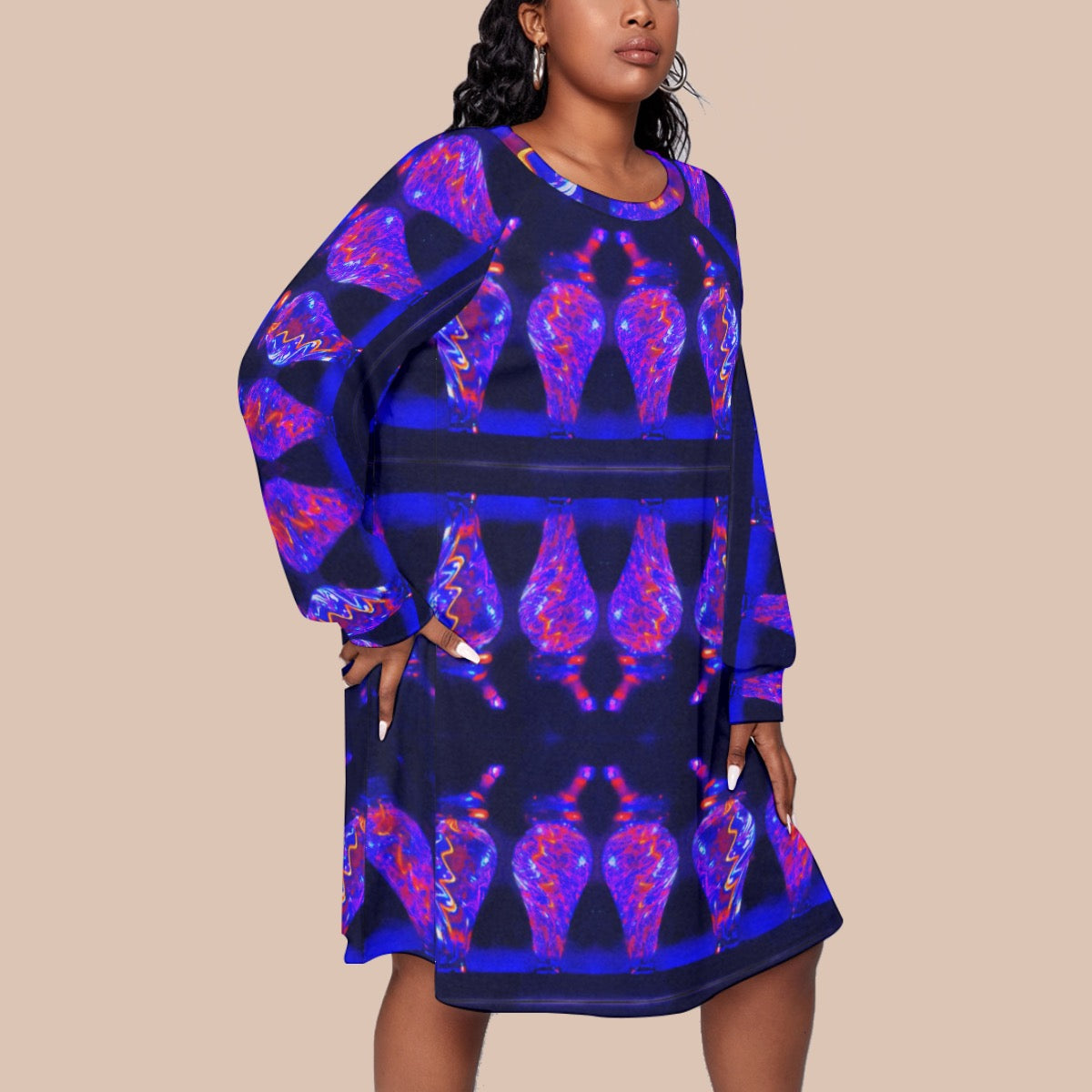 "Chromatic Resonance" Women's Dress With Raglan Sleeve(Plus Size)
