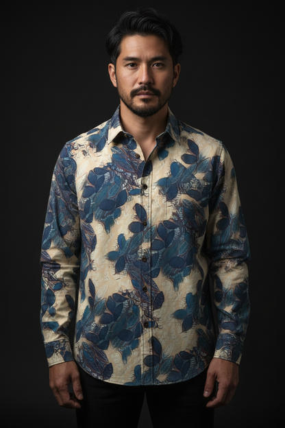 “Azure Grove”  Men's Casual Lapel Long Sleeve Shirt|125GSM Cotton