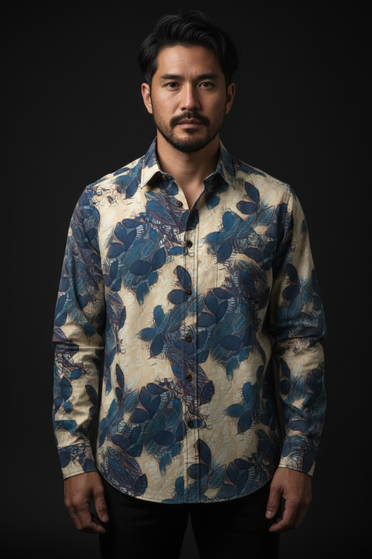 “Azure Grove”  Men's Casual Lapel Long Sleeve Shirt|125GSM Cotton