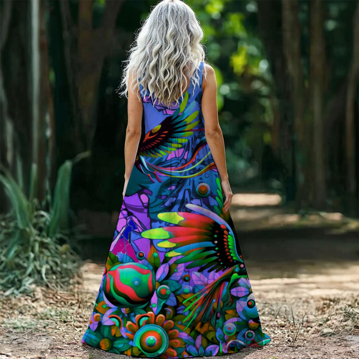 “Blue Garden of Unseemly Delights” Women’s Sleeveless Maxi Dress