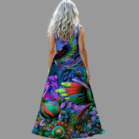 “Blue Garden of Unseemly Delights” Women’s Sleeveless Maxi Dress