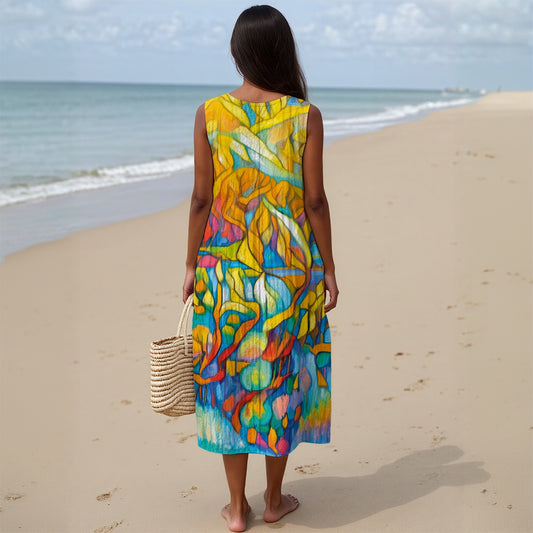 “Sunrise Stained Glass” Women's Sleeveless Dress|125GSM Slub Cotton