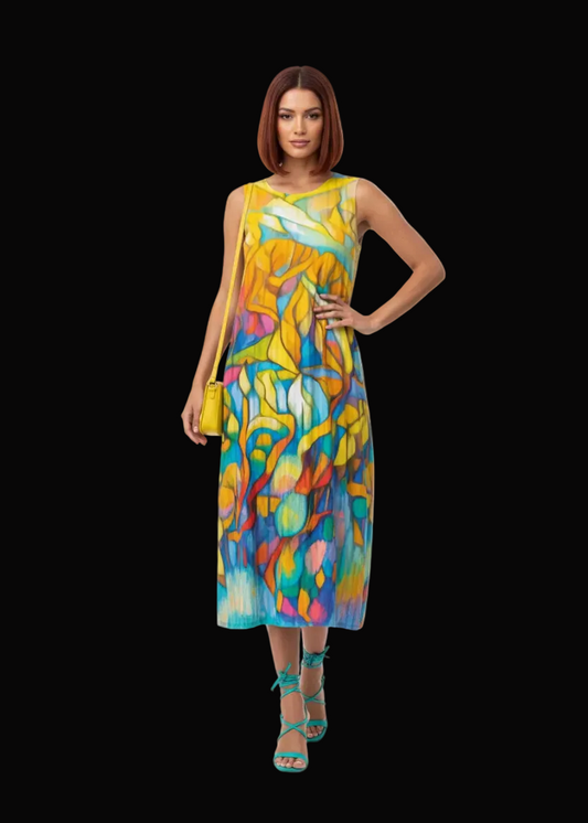 “Sunrise Stained Glass” Women's Sleeveless Dress|125GSM Slub Cotton