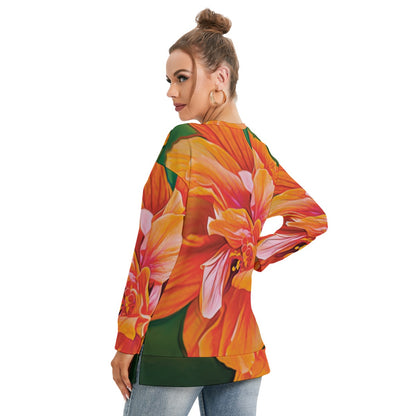 “Peach Hibiscus” Women's Side Split O-neck Sweatshirt