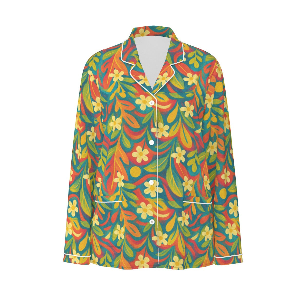 “Sunny Daydream” Women's Long Sleeve Pajama Set With White Contrast Piping