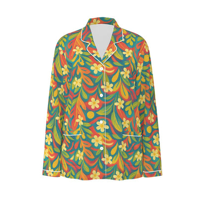 “Sunny Daydream” Women's Long Sleeve Pajama Set With White Contrast Piping