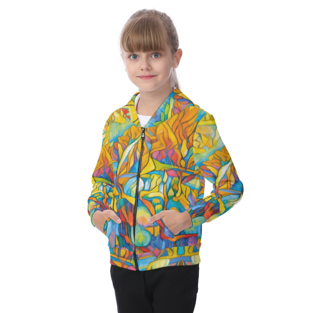 “Sunrise Stained Glass”  Kid's Zip-up Hoodie With Patch Pocket