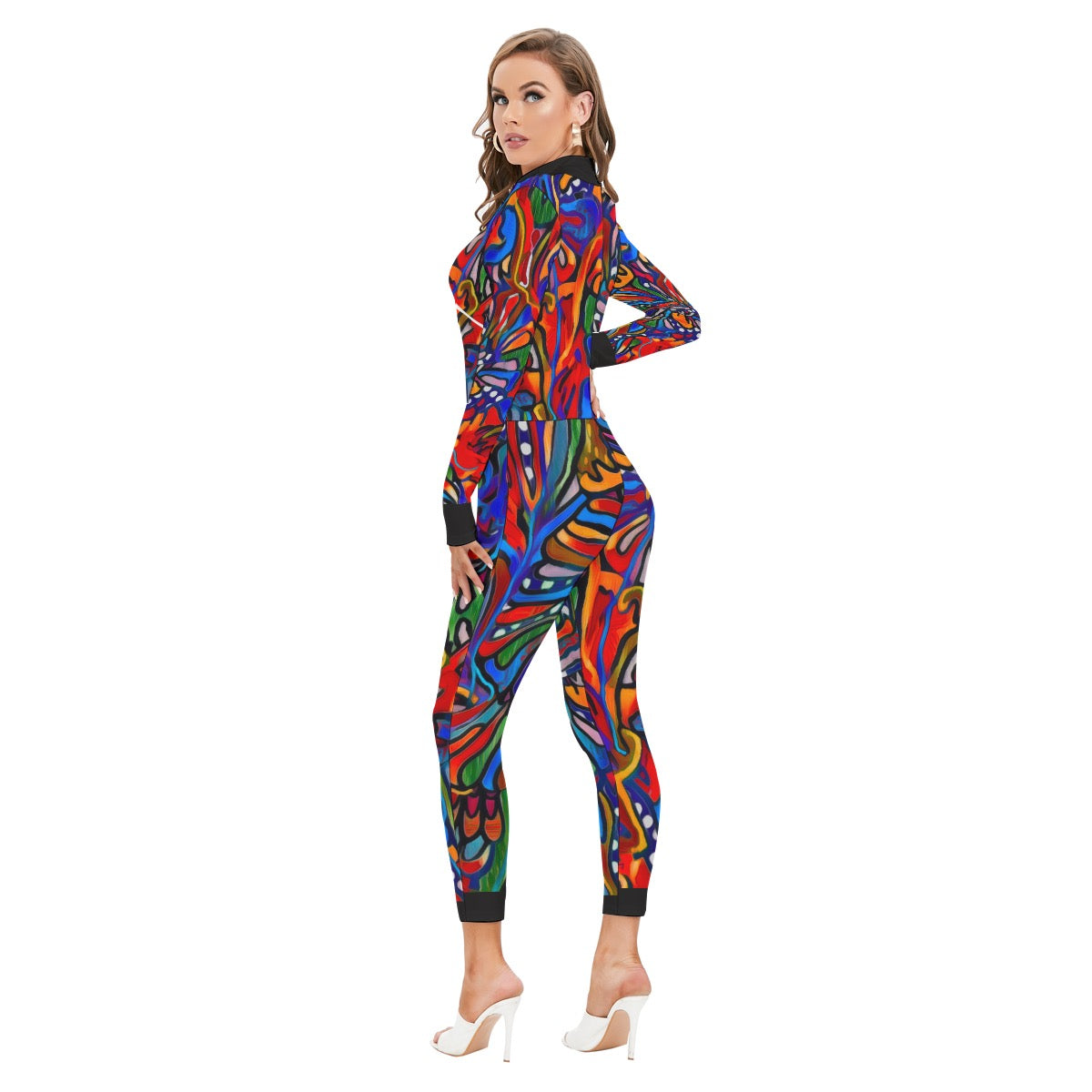 “Crimson Bloom” Women's Long-sleeved High-neck Jumpsuit With Zipper