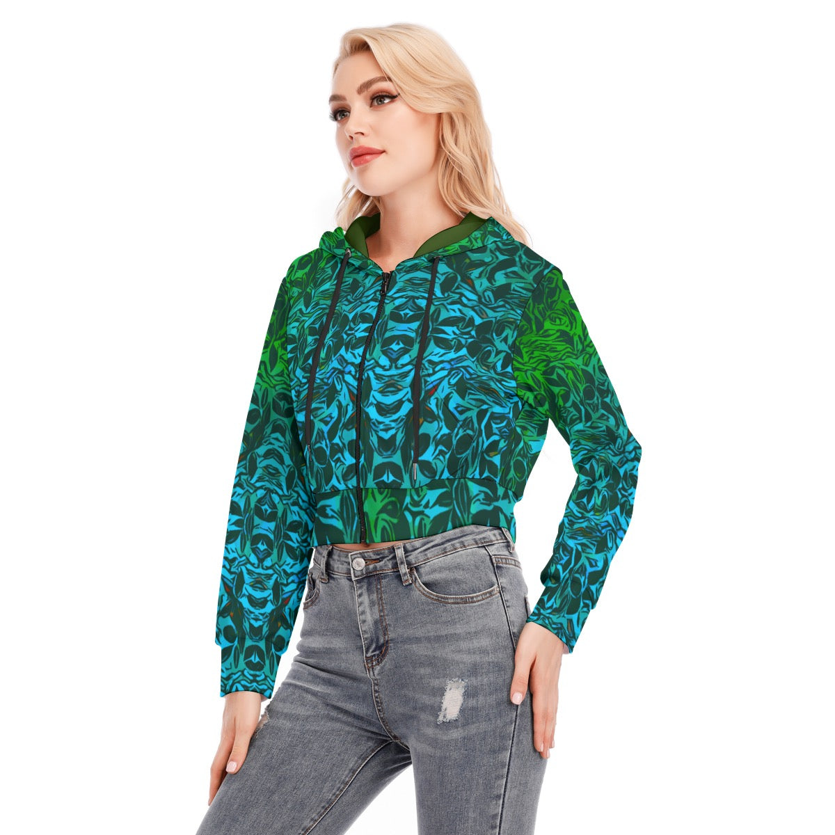 “Tribal Oceanic” Women's Crop Top Hoodie With Zipper Closure