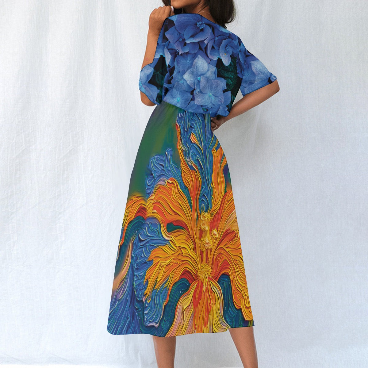 ‘Iris with Hydrangea” Women's Knee-Length Dress