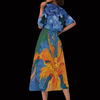 “Iris with Hydrangea” Women's Knee-Length Dress