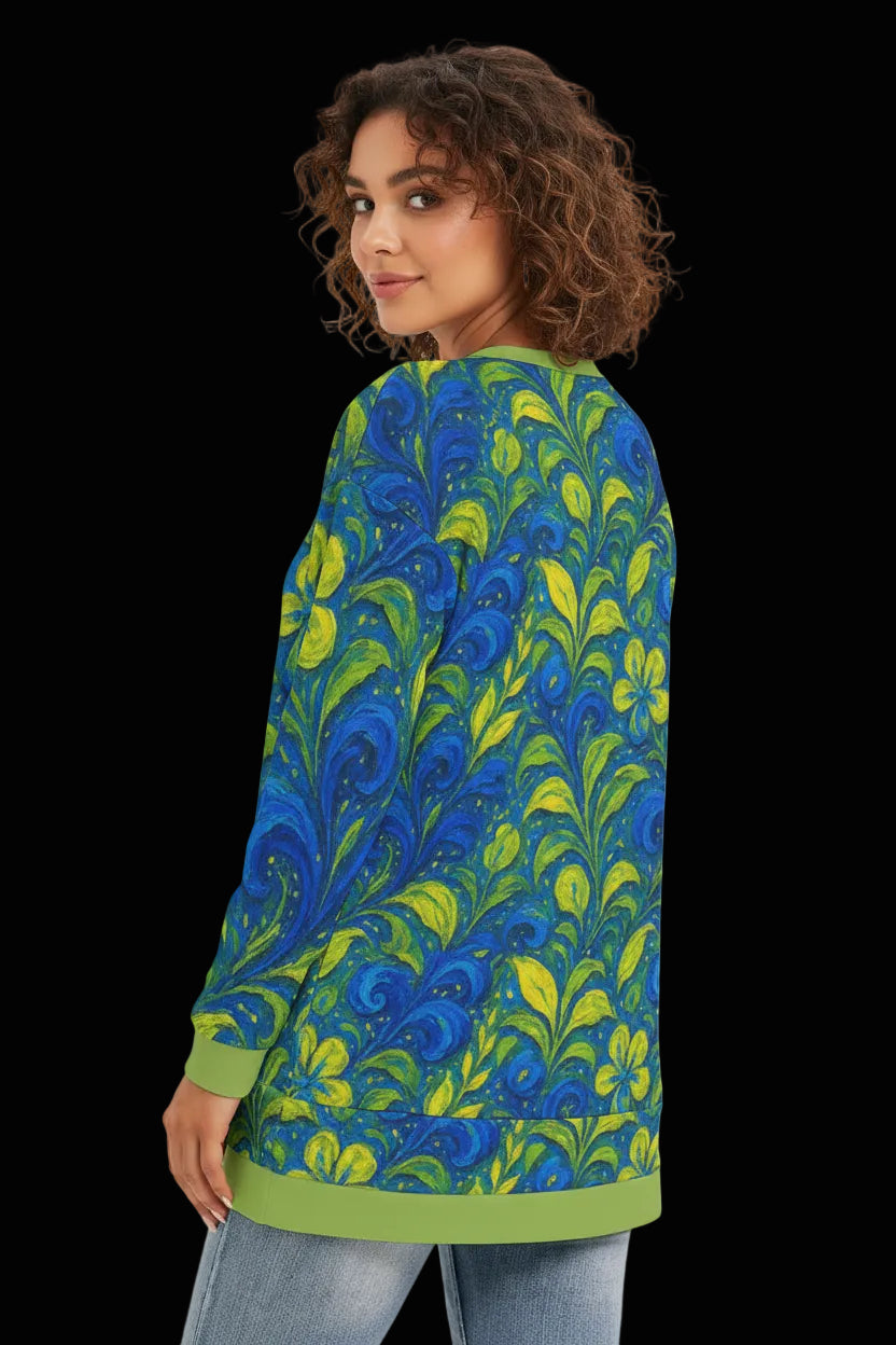 “ Cobalt Meadow” Women's Side Split O-neck Sweatshirt