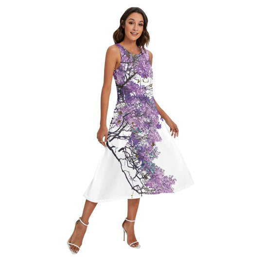 “Jacaranda Season” (White) Women's Sleeveless Dress With Diagonal Pocket