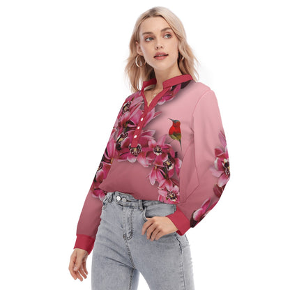 “Cymbidium Orchids with Crimson Sunbirds”  Women's Long Sleeve Blouse With Button Closure