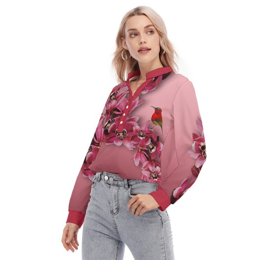 “Cymbidium Orchids with Crimson Sunbirds”  Women's Long Sleeve Blouse With Button Closure
