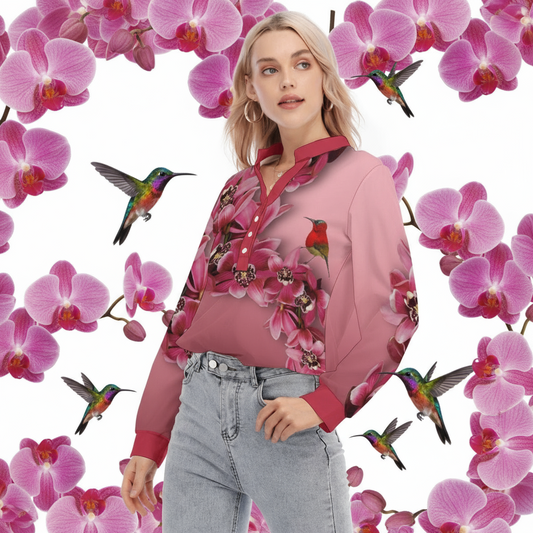 “Cymbidium Orchids with Crimson Sunbirds”  Women's Long Sleeve Blouse With Button Closure