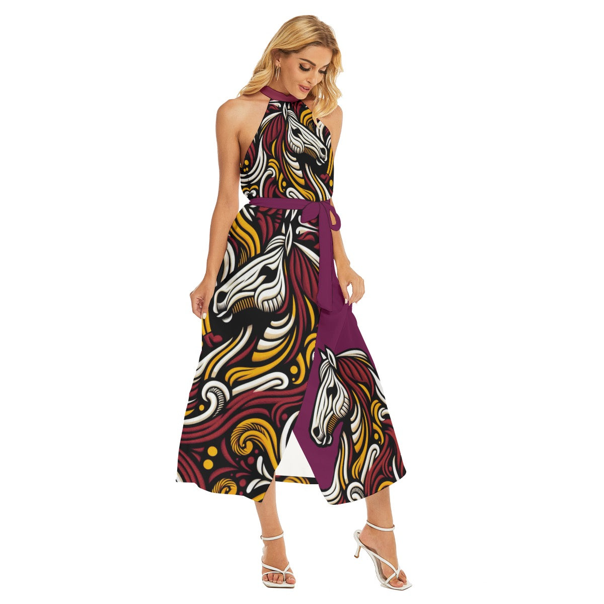 “Bronco” Women's Wrap Hem Belted Halter Dress