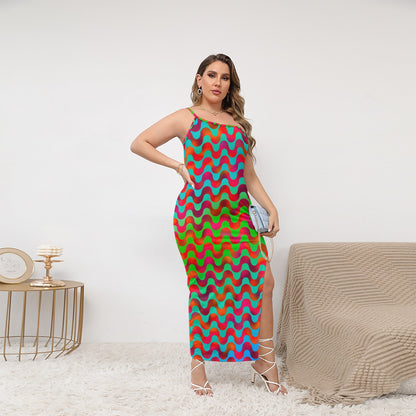 “Psychedelic Siren” Women's Oblique-Shoulder Exposure Dress With Side Split (Plus Size)