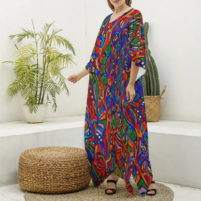 “Crimson Bloom” Women's Imitation Silk V-neck Kaftan Robe