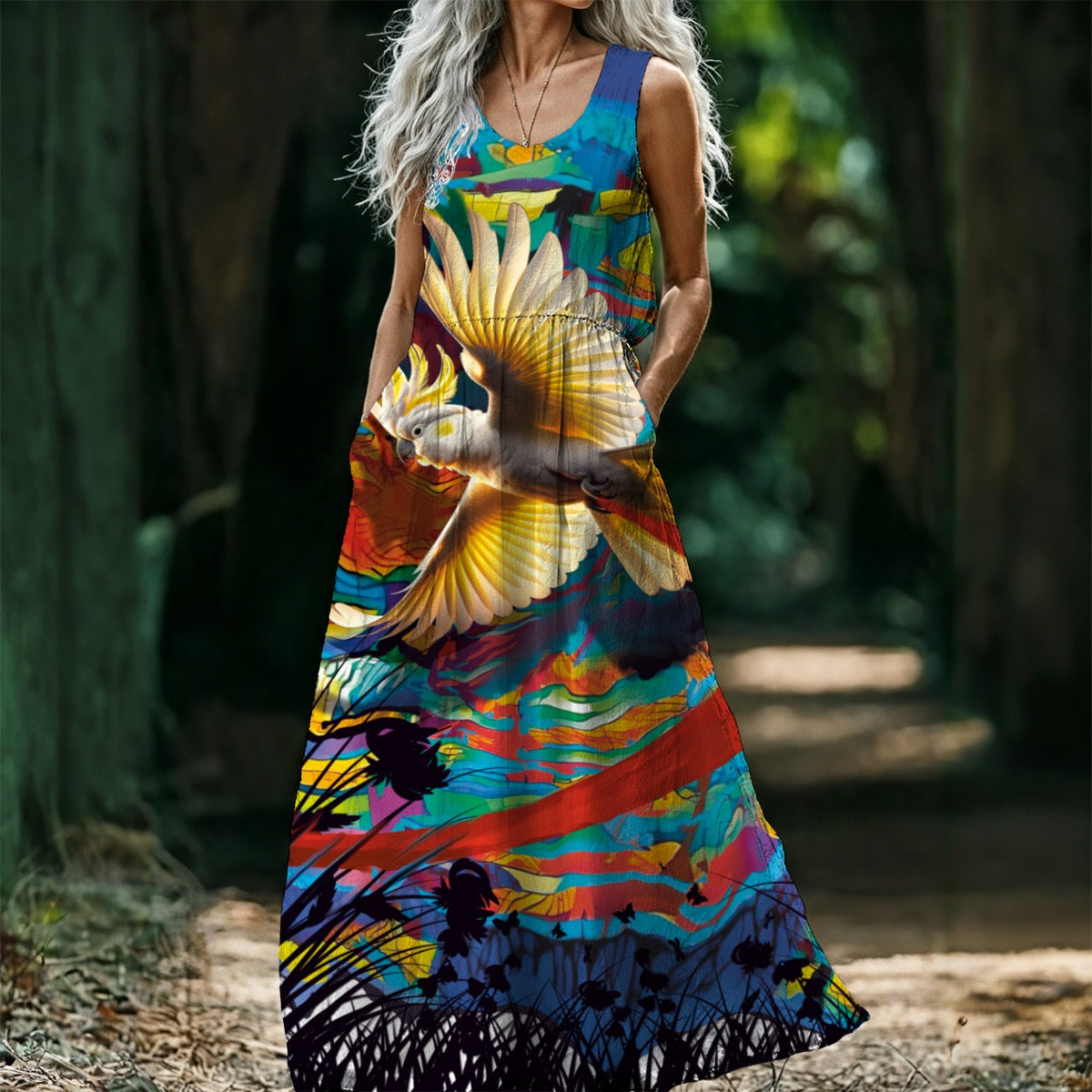 “ Sulphur Crested Soaring” Women’s Sleeveless Maxi Dress