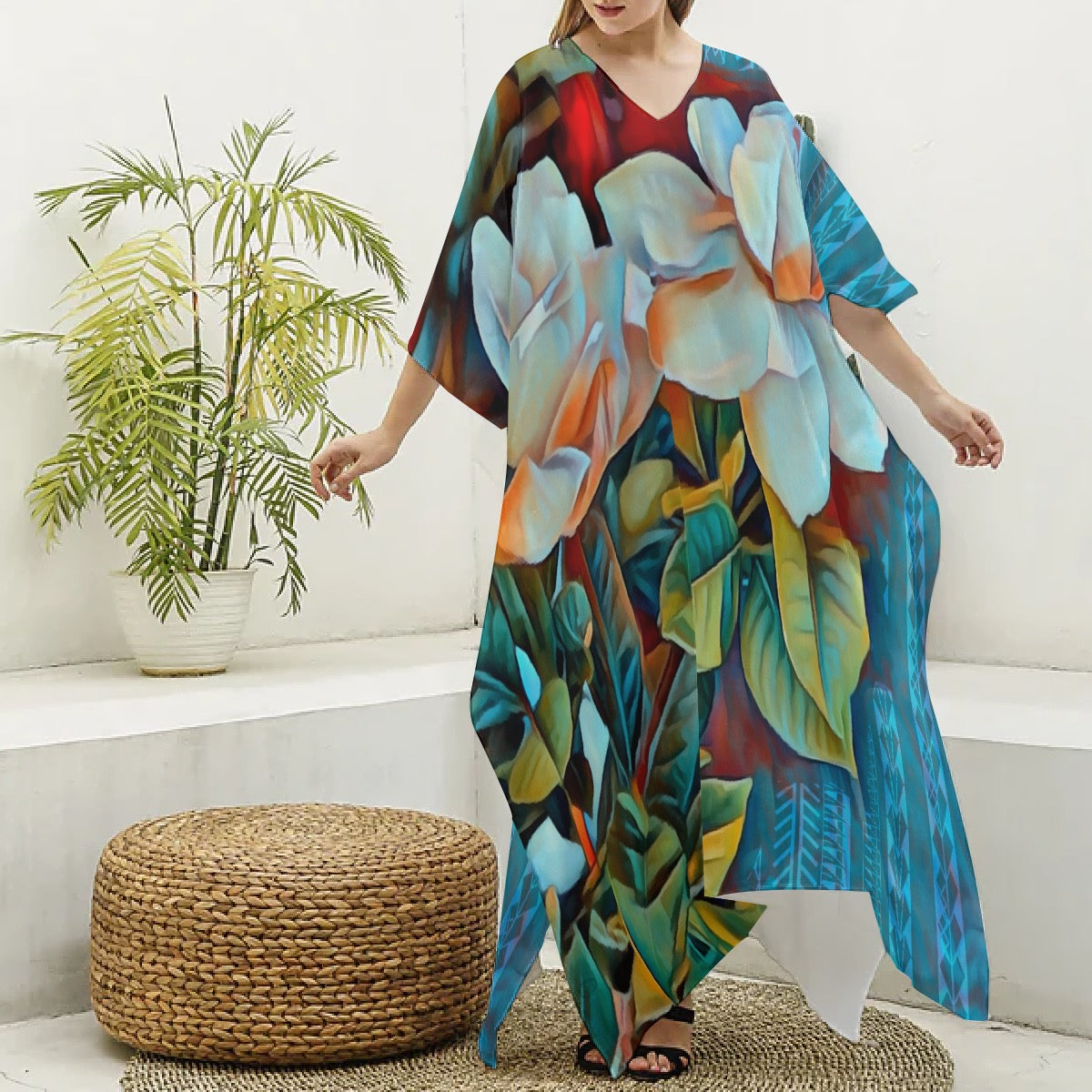 “Gardenia” Women's Imitation Silk V-neck Kaftan Robe