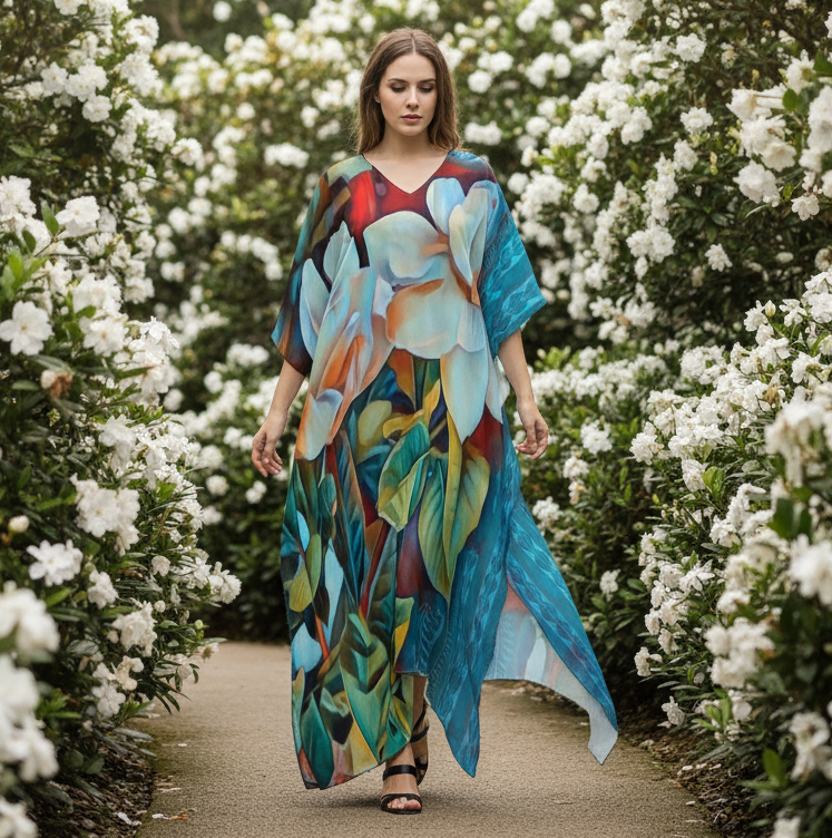 “Gardenia” Women's Imitation Silk V-neck Kaftan Robe