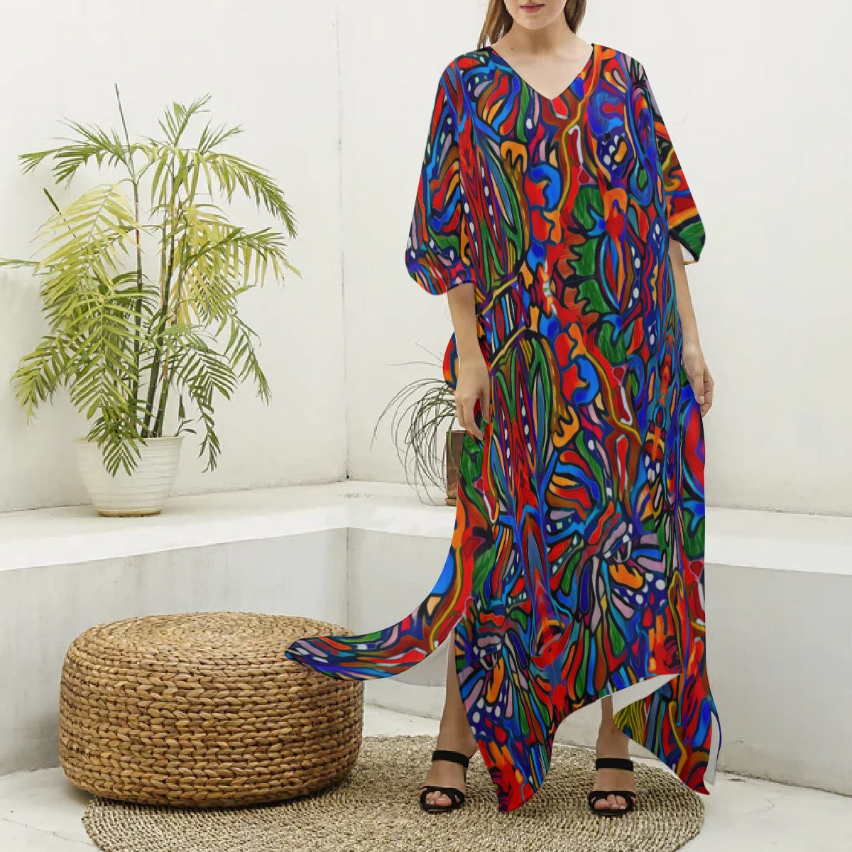 “Crimson Bloom” Women's Imitation Silk V-neck Kaftan Robe