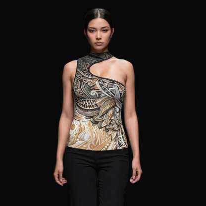 “Earthen Echoes” Women's Halter Sleeveless Asymmetrical Tank Top