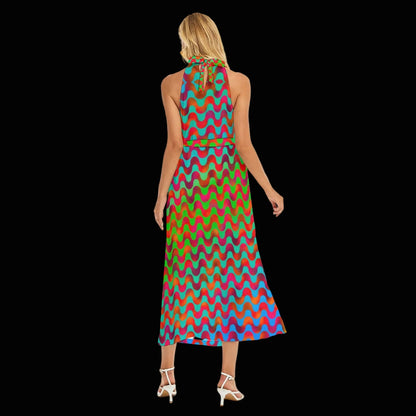 “Psychedelic Siren” Women's Wrap Hem Belted Halter Dress
