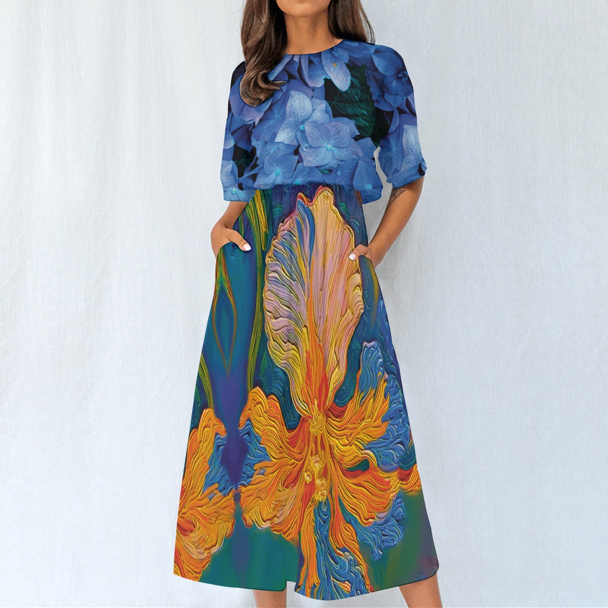 ‘Iris with Hydrangea” Women's Knee-Length Dress