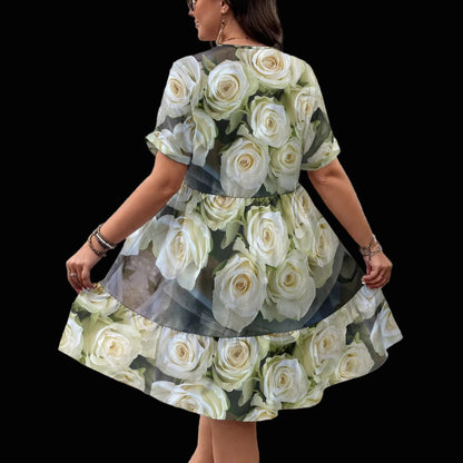 “White Rose” Women’s Floral V-Neck Short Sleeve Dress