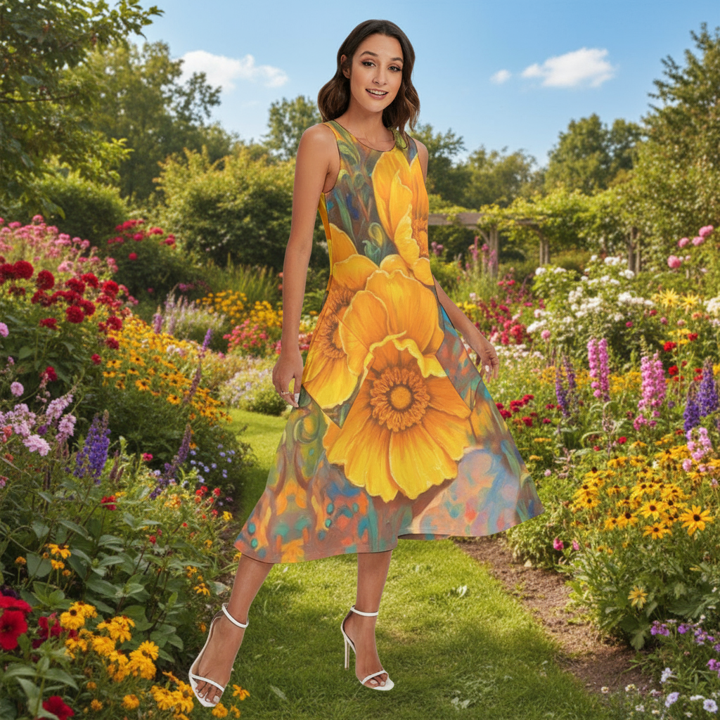 “Golden Cascade” Women's Sleeveless Dress With Diagonal Pocket